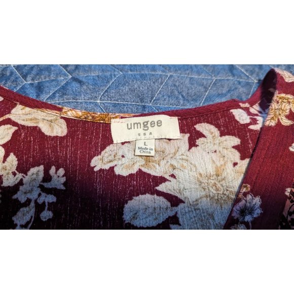 Umgee Sz L Mixed Print Floral Boho Faux Wrap Blouse with Front Bubble Hem - Picture 3 of 6